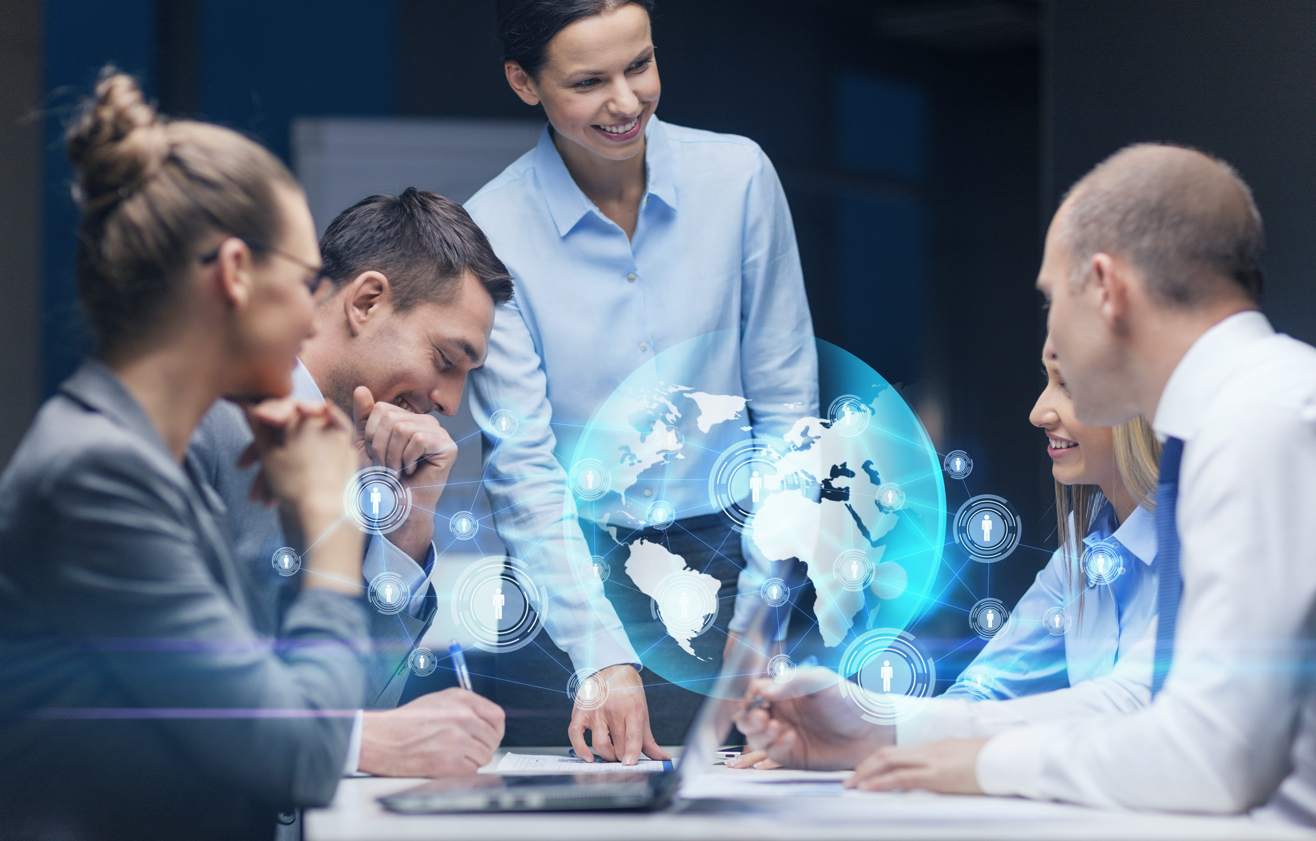 group of professionals with global graphic overlay group of professionals with global graphic overlay